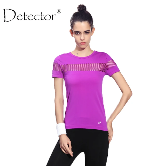 Detector Women Quick Dry Short Sleeve Running T-shirt Fitness Gym Tops Mesh Patchwork Clothing Sport Yoga T-shirt Camisetas