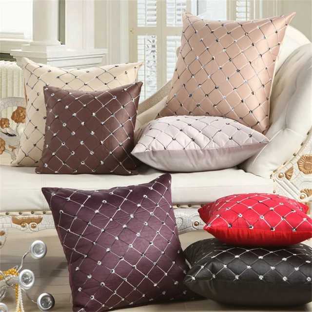 Artificial Leather Shiny Embroidery Checked Square Pillow Case Artificial Leather Shiny Embroidery Checked Square Pillow Case Decorative Sofa Seat Car Throw Cushion Covering Black