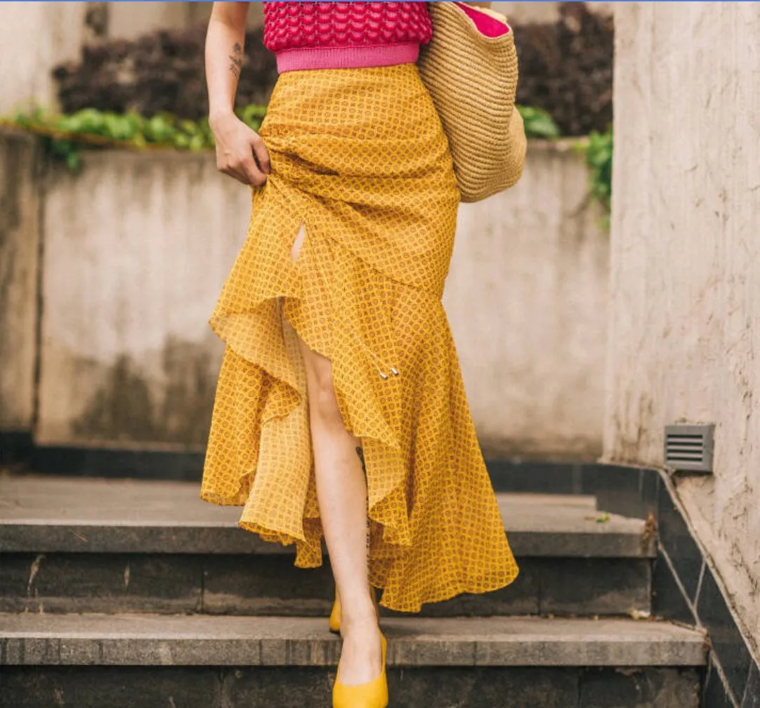 Light Conception Cordon Fishtail De jaune Demi taille Point Femmes Haute Vague Nouvelle Mousseline Green En jupe FrqFO