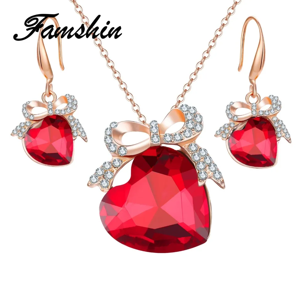 

FAMSHIN Gold Color Bow Love Crystal Heart Jewelry Sets For Women Necklace Earrings Jewellery Set New Bridal Wedding Accessories