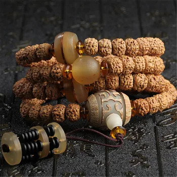 

High Quality Natural Five Petal Exploded Stripes Rudraksha 108 Bodhi Beads Prayer Bracelet Sheep Horn Charm Hand String Dropship