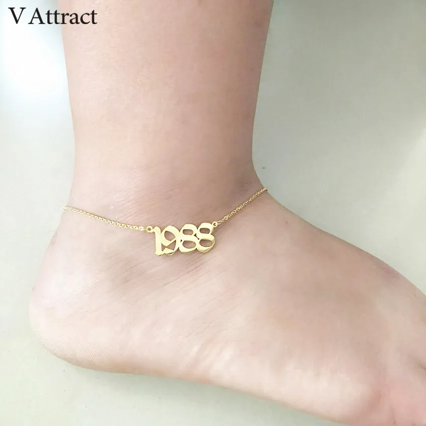 

Foot Jewelry Silver Gold Filled Custom Old English Number Anklet Bracelet Personalized Special Dates Cavigliera Birthday Gift