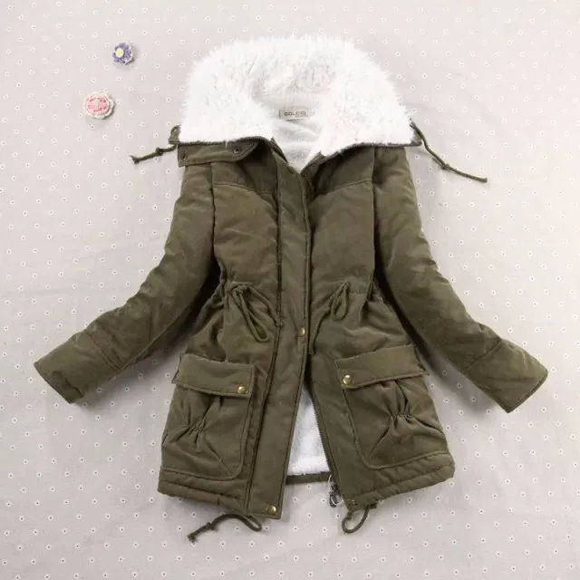 Пальто зимы женщин Тонкий плюс размер Outwear Medium-Long Wadded куртка с капюшоном Толстые хлопка проложенные Теплый хлопка Parkas
