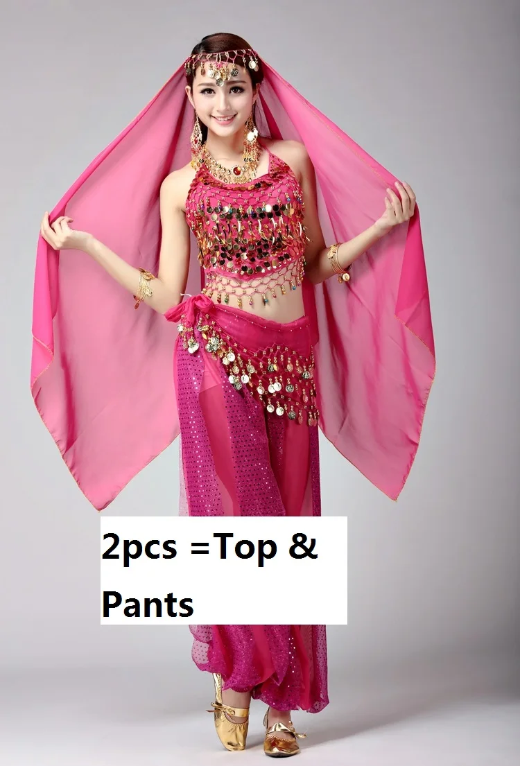 Женский индийский костюм для танца живота для взрослых, 2 предмета, топ и юбка,, профессиональный комплект bimba, платье для танца живота для женщин - Цвет: hotpink2pcs