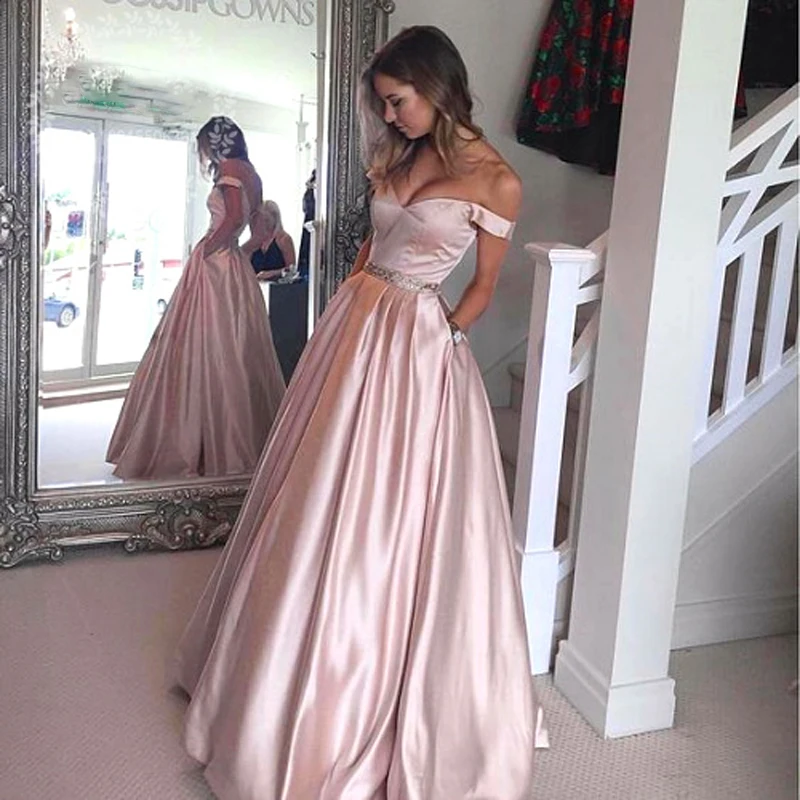 

2017 Pearl Pink Long Evening Gowns with Pocket Off the Shoulder A Line Robe de soiree Abendkleider Beaded Sash Formal Prom Gown