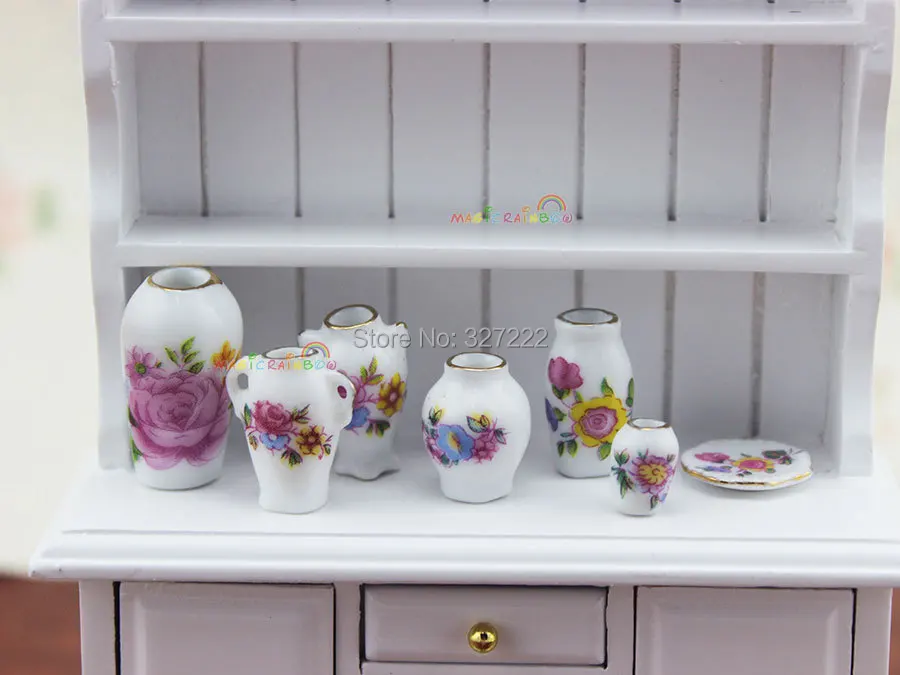 

Porcelain china Flower Vase Pot Dish Dollhouse Miniature Pretend Play1:12 One Inch Scale 7pc