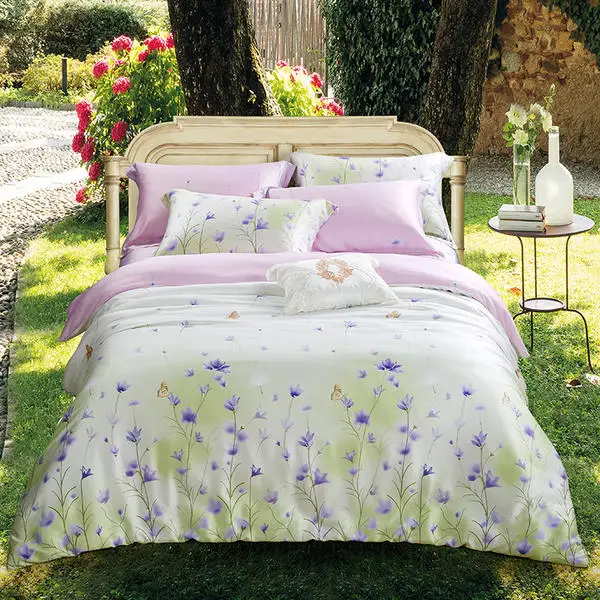 Purple floral flowers cool soft 100 Tencel bedding sets 4PCS bedsheet