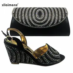 Новинка 2019 года; итальянский комплект из туфель и сумочки в африканском стиле; вечерние женские черные туфли с блестящими кристаллами