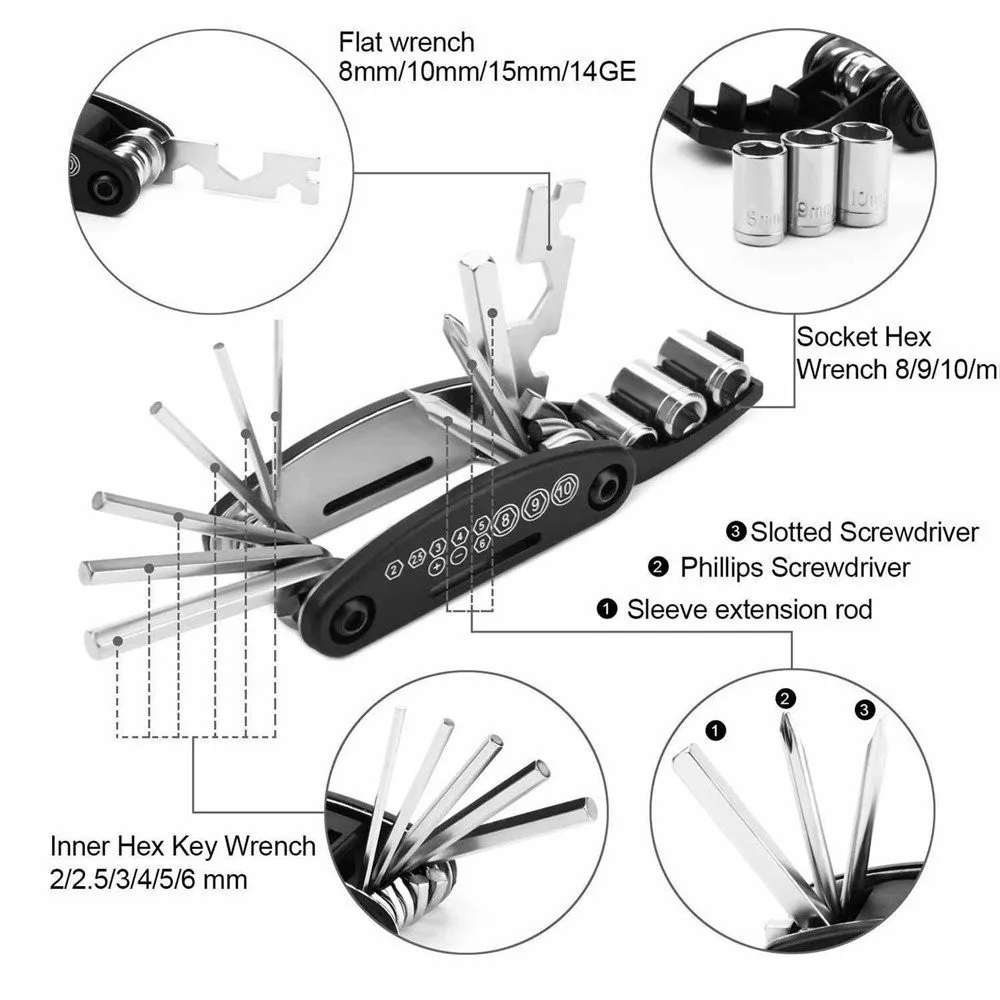 16 in 1 Bike Repair Tool Outdoor Multi-functional Tools Bicycle Chain Splitter Cutter Breaker Chain Wear Indicator Checker04