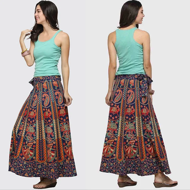 Boho Wrap Around Floral Print Maxi Skirt Women Elegant Indian Tribal Style Bohemian Long Beach Skirts Womens