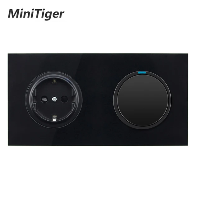 

Minitiger White Crystal Glass Panel 16A EU Standard Wall Power Socket 1 Gang 1 Way Pass Through On / Off Light Switch