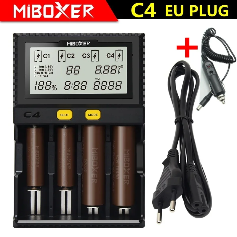 Miboxer C4 lcd умный аккумулятор Ladegerat мех Li-Ion IMR ICR LiFePO4 3,7 v 18650 14500 26650 21700 AAA аккумулятор 100-800mah 1.5A - Цвет: C4 EU plug or car