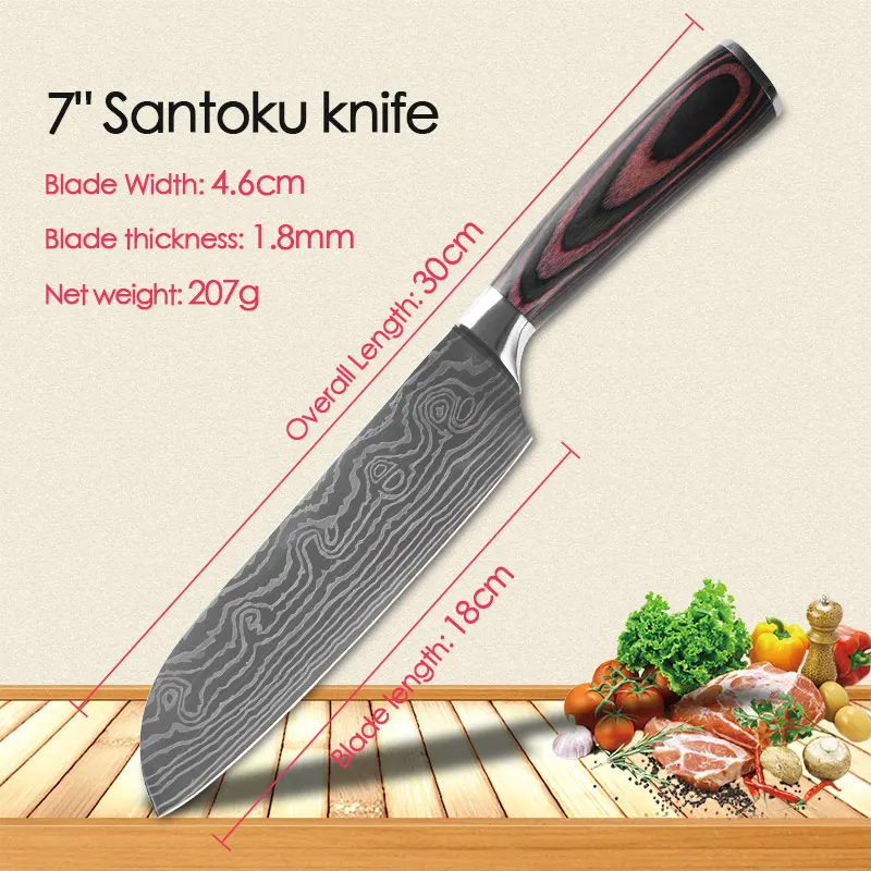 Высокое качество 8 дюймов поварские Ножи Имитация дамасской стали Santoku кухонные ножи острые фрукты овощи мясо кухонные ножи - Цвет: 7 inch