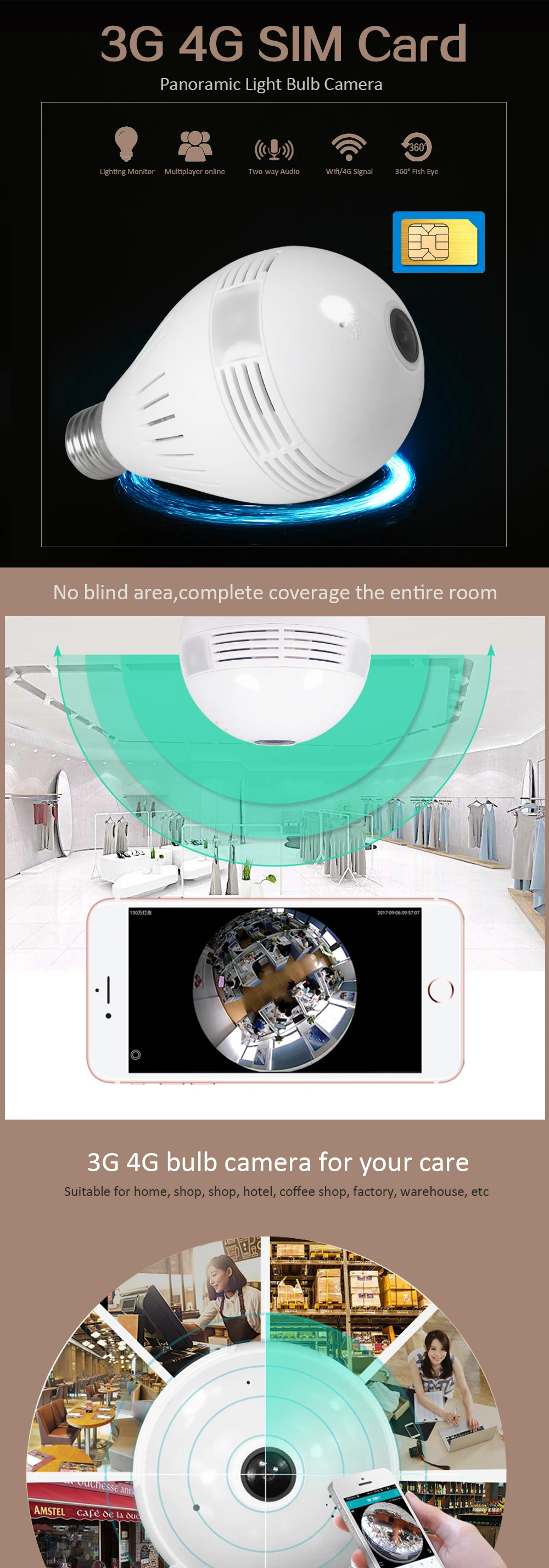 1080P HD Wireless Dome IP Camera Bulb Wi-Fi 360 Degree FishEye VR Audio Home CCTV Security Light Module Camera 1