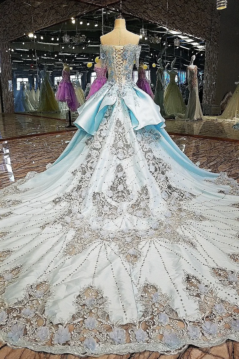 

Blue evening dress long lace flowers lace up back abiye gece elbisesi 2018 satin ball gown formal dress real photos