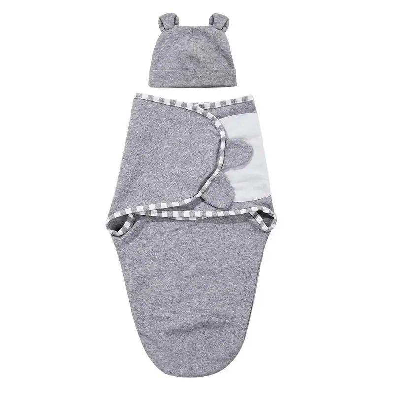 2pcs/set 0-3m Newborn Baby Cotton Cap Swaddle Wrap Soft Infant Hat Blanket Sleeping Bags Sleepsack Envelope Swaddling Bedding - Цвет: Светло-серый