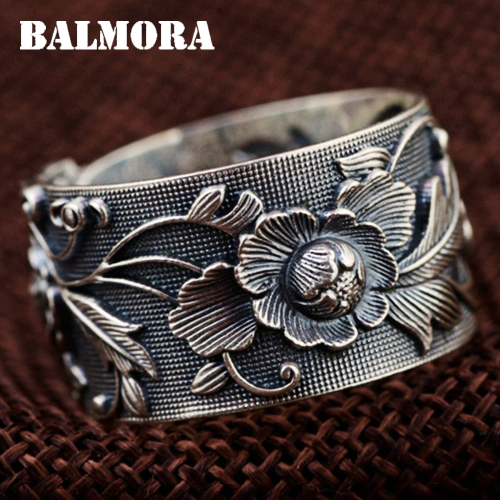BALMORA Vintage Flower 990 Pure Silver Open Rings For Women Lover Party Gift Flower Ring Thai