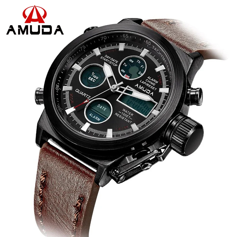 

Amuda Luxury Brand Men's Military Watches Leather Strap Digital Analog Watch Fashion LED Chronograph Wristwatch Sport Men Clock