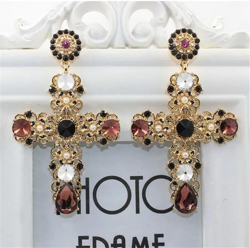 

2016 New Arrival Baroque Gold Cross Drop Earrings Vintage Pearl Earrings Catwalk Party Crystal Jewelry For Women 1pair/lot