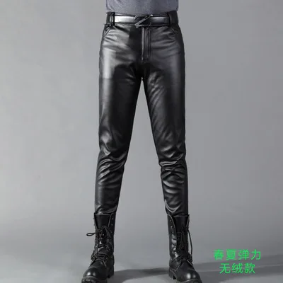 Летние мужские деловые облегающие Стрейчевые черные искусственная кожаные брюки, мужские эластичные облегающие брюки из искусственной кожи блестящие узкие брюки 71002 - Цвет: Black