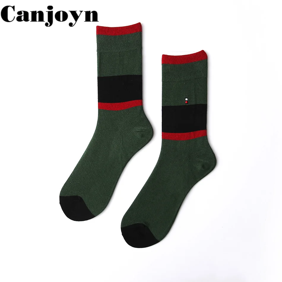 Canjoyn 2018 Embroidery Stripes Cotton Happy Sock Men Women Vintage Green Cotton Socks 5pairs