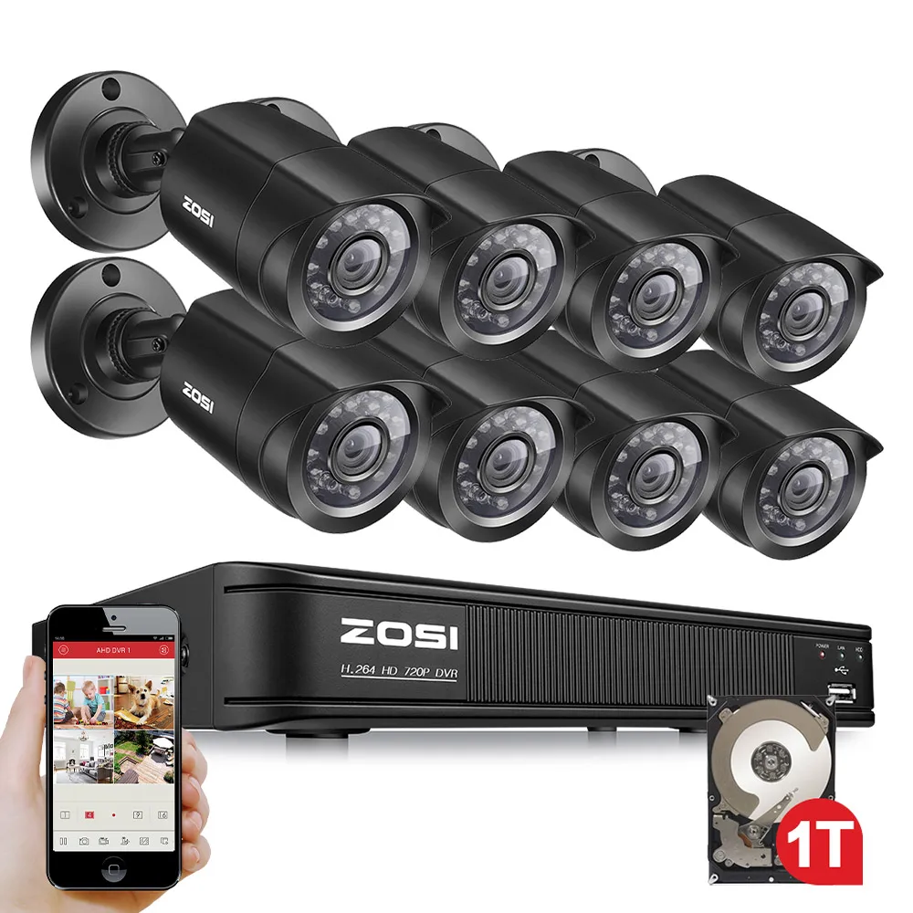 ZOSI HD 8CH CCTV System 8 Channel 1080N DVR 8PCS 1.0MP Bullet Outdoor Home Video Camera System Surveillance Kits 1TB Hard Disk