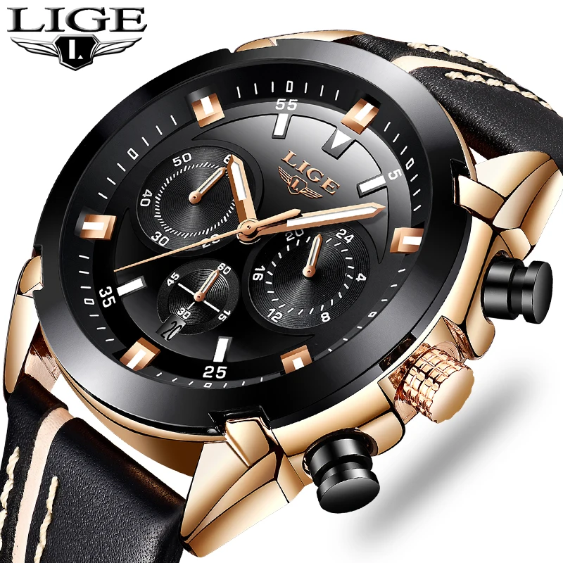 

LIGE Mens Watches Top Brand Luxury Quartz Gold Watch Men Casual Leather Military Waterproof Sport Wrist Watch Relogio Masculino