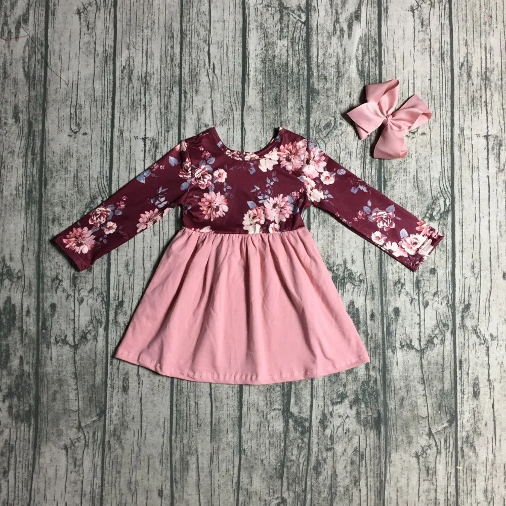 

spring winter baby girls clothes children wine floral dirty pink dress cotton button ruffle boutique outfits match accessory bow
