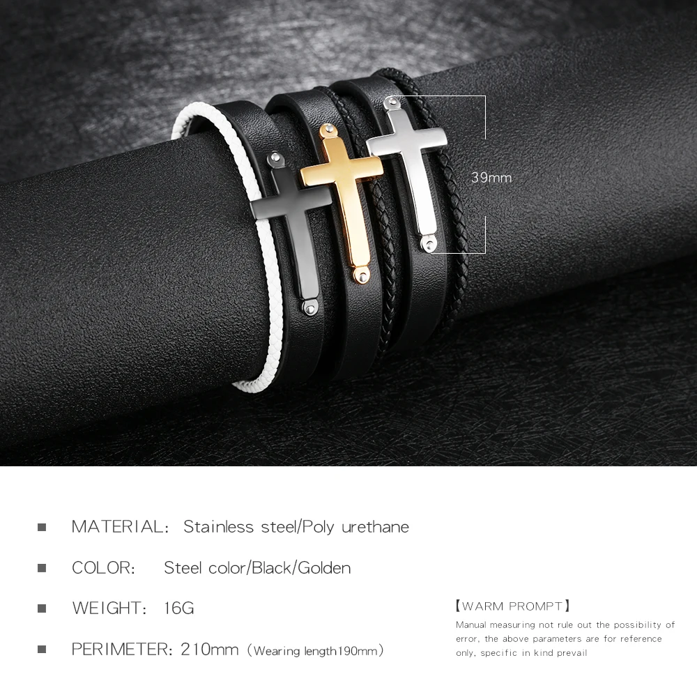 FATE LOVE New Male Men Statement Cross Charm Bracelets & Bangles Jewelry Black PU Leather Wristlet Fashion Jewelry