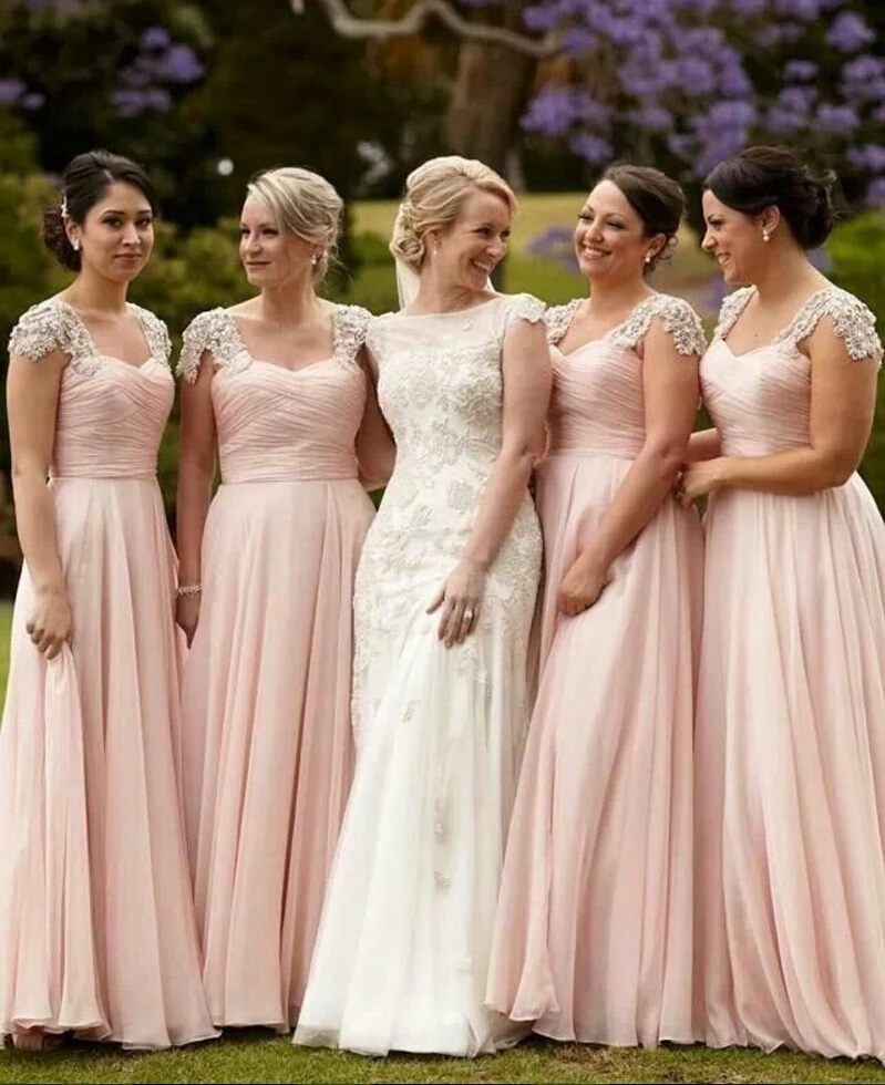 Bridesmaid Dress 2017 Blush Pink Chiffon Floor Length Beaded Cap Sleeve Twist Bust Full Length Maid