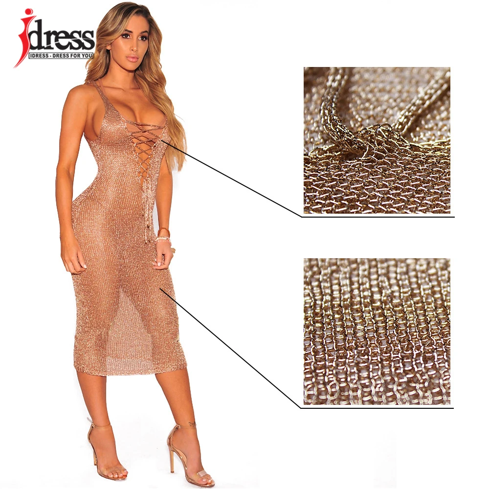 IDress Big Size Rose Gold Women Casual Sleeveless Hollow Out Golden Women Beach Dresses Deep V Neck Lace Up Tank Dress Vestidos (5)