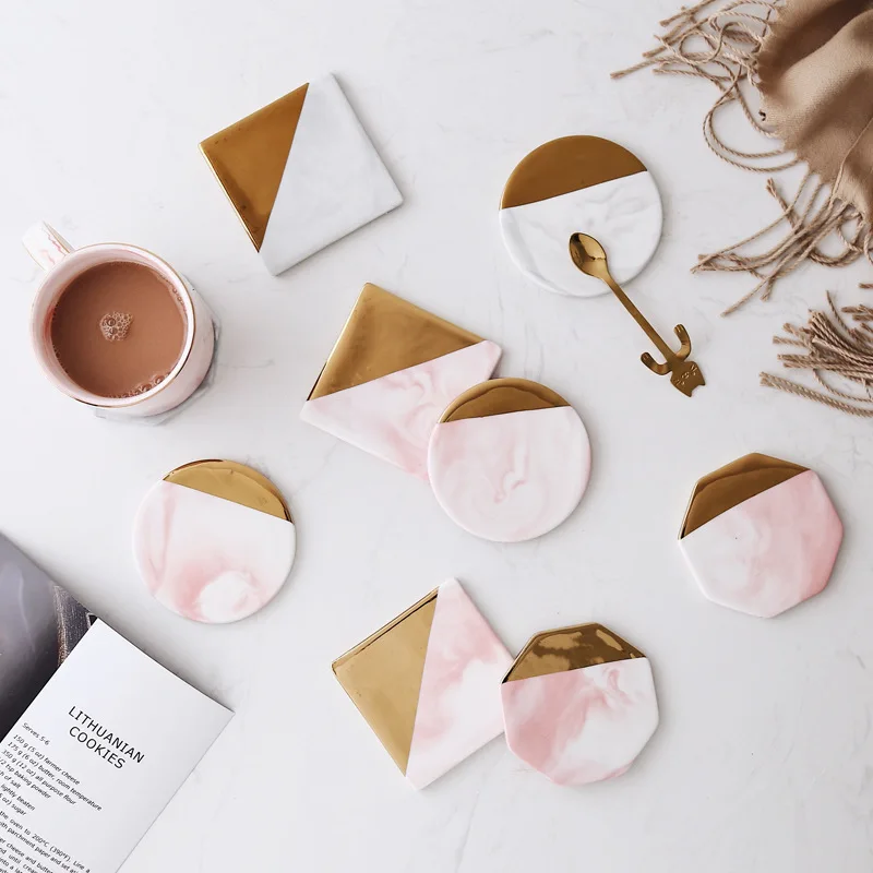 Luxury Unique Marble Pink Gold Ceramic Placemat Coaster Porcelain Mats Pads Table Decoration Accessories Kitchen Tool Gift