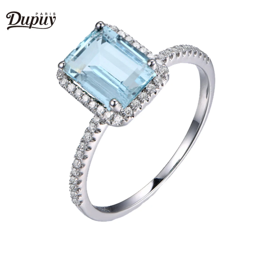 

DUPUY Natural 6*8mm Emerald Cut Aquamarine Ring Diamonds Halo Half Eternity Diamond Stackable Engagement Ring 14K Rose Gold Ring