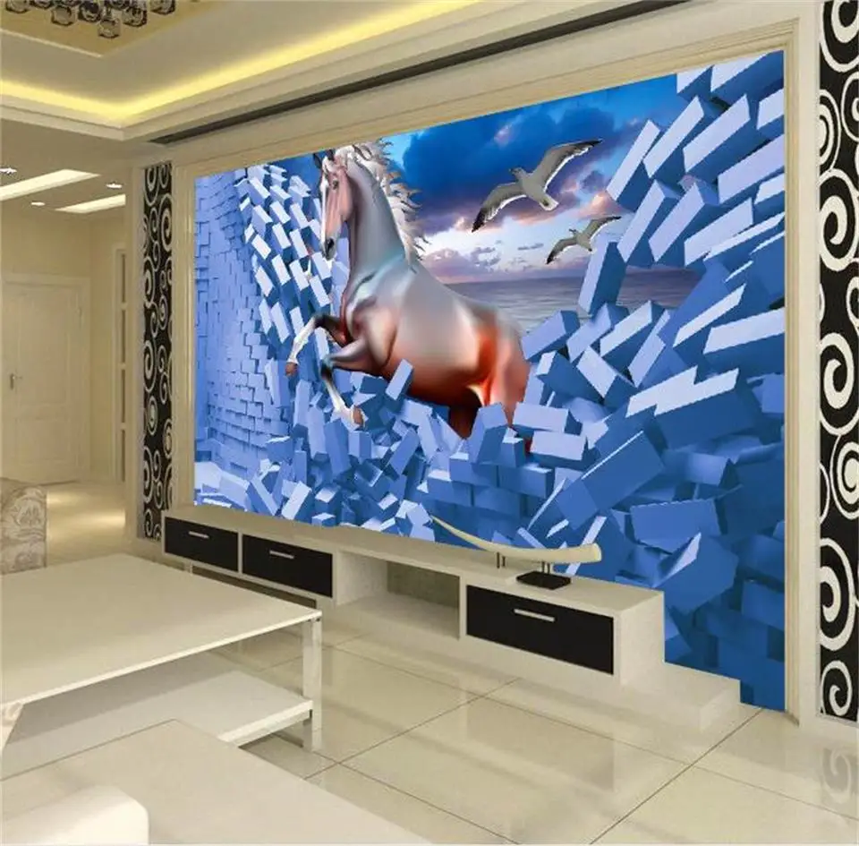 Пользовательские фото 3d обои для комнаты росписи 3D Золотая лошадь кирпичная