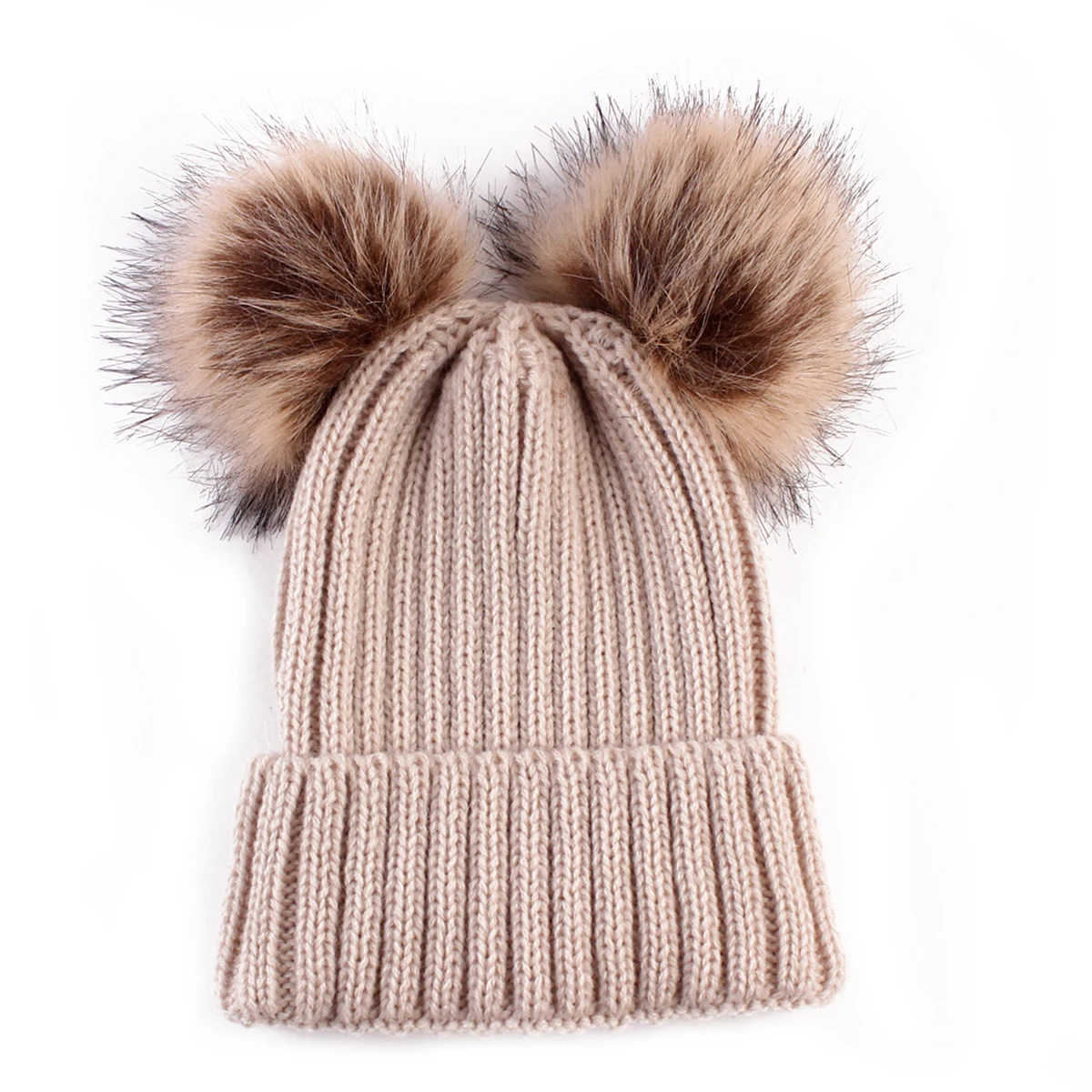 Зимняя теплая вязаная шапка для маленьких мальчиков и девочек, зимняя шапка с двойным помпоном для младенцев, шапка с меховым помпоном для детей 0-1 лет