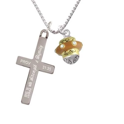 Tan Center with Clear Crystals Gold Tone Spinner - Strength and Dignity - Cross Necklace (1)