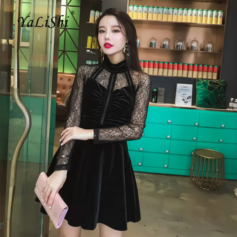 

Solid Autumn A-line Dress 2018 Women Black Long Sleeve Lace Stand Sexy Club Velvet Mini Dress Vintage Goth Party Short Dresses