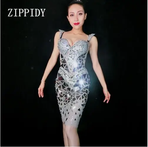 

Glisten Silver Mirrors Crystals Dress Women's Birthday Celebrate Female Singer Costume Big Stones Wear Sexy Perspective Dresses
