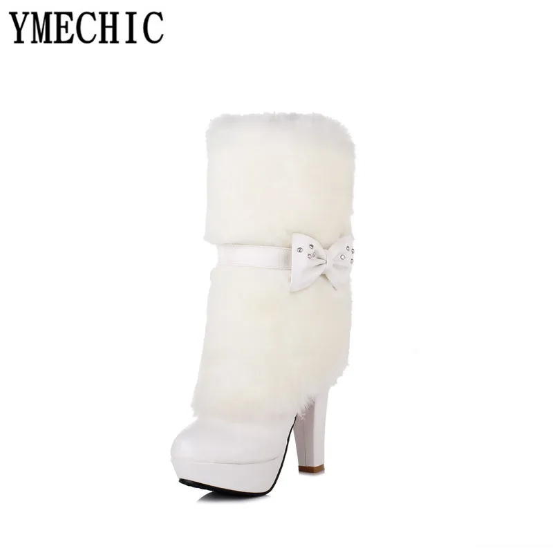 YMECHIC/2018 г. модная зимняя обувь черного и белого цвета на платформе высоком каблуке