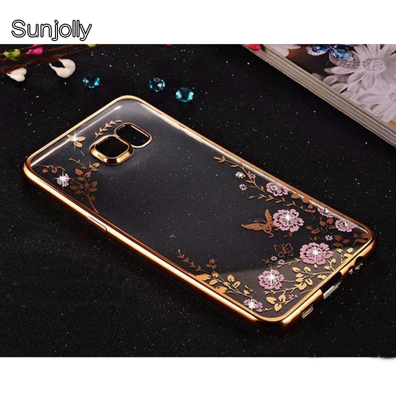 Sunjolly цветок Мягкий ТПУ чехол для телефона розовое золото Bling Rhinestone coque fundas Samsung Galaxy