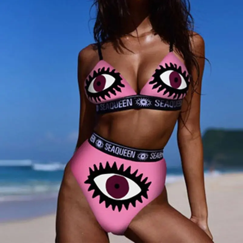 

Womens Sexy Two Piece Bikini Set Deep V-Neck Triangle Bra High Waist Thong Graffiti Eyelash Big Eyes Printed Sports Swimsuit
