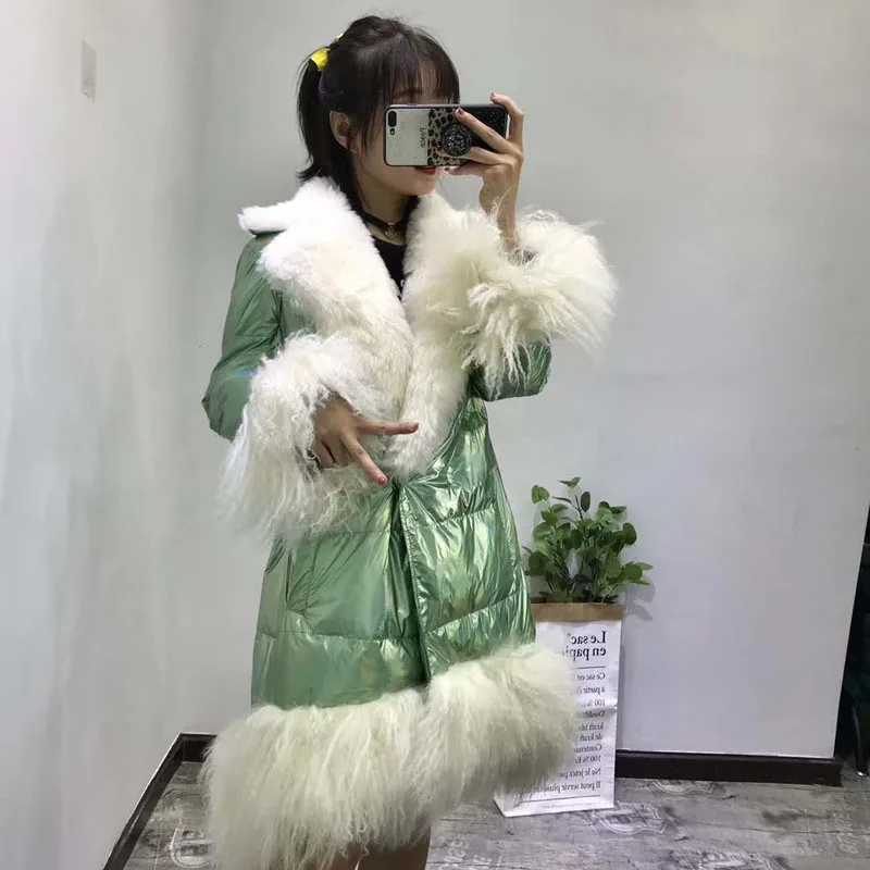 Abrigo mujer down jacket thick warm winter coat women 2019 new fashion long parkas silver with big geniune sheep fur collar