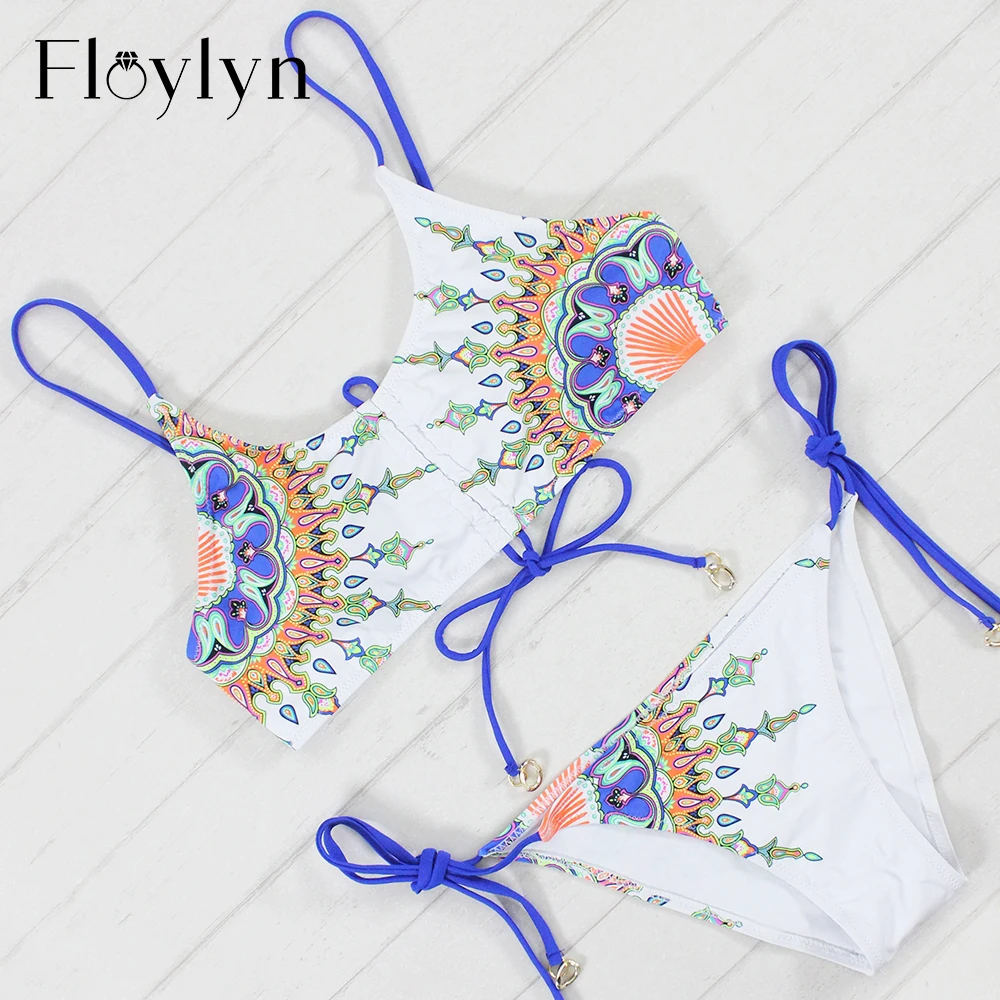 

Floylyn New Arrival 2017 Push Up Bikini Set Printed Swimwear Women Bathing Suit Low Waist Halter Sexy Biquini Plus Size Biquini