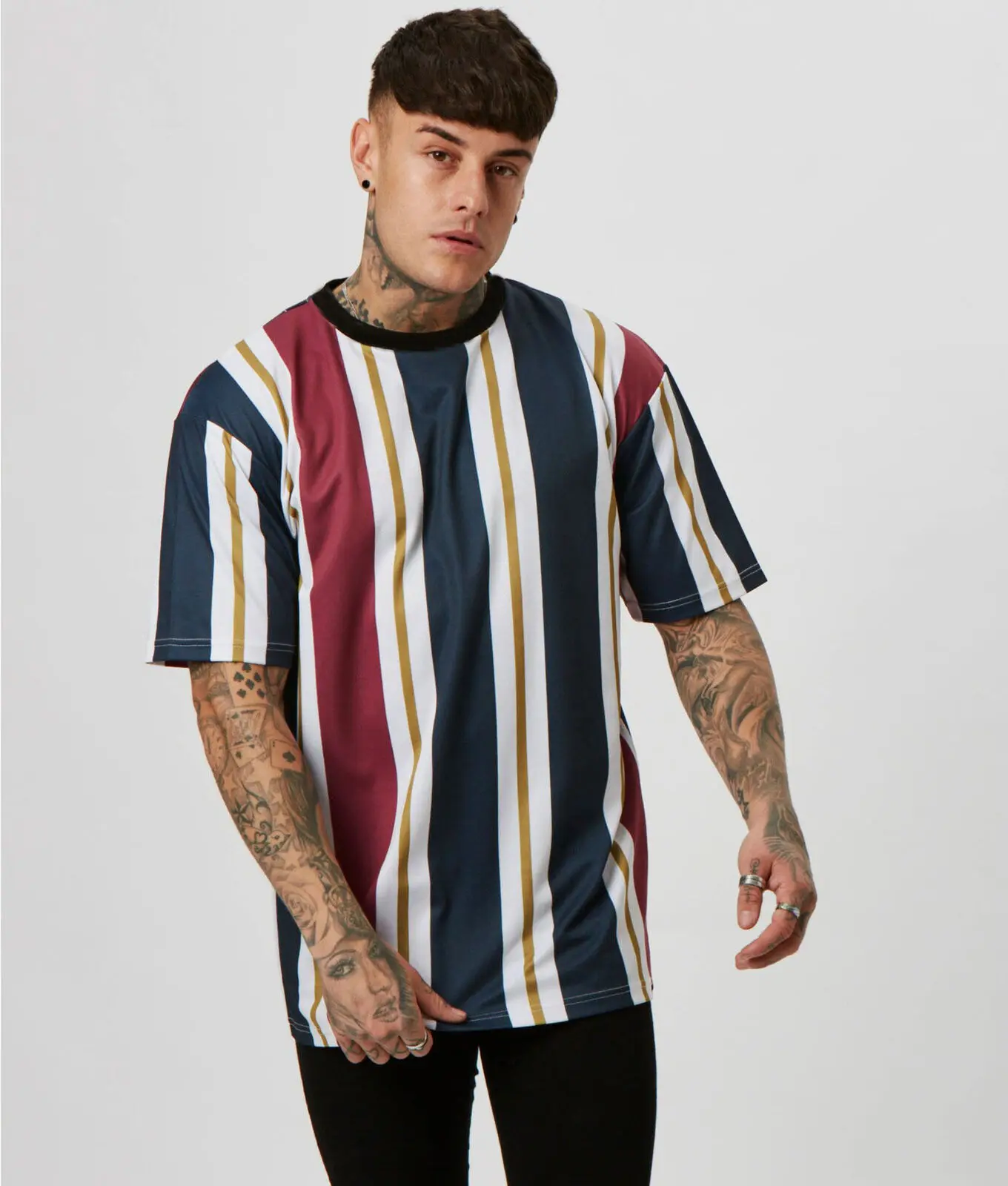 

Men's Round Neck Stripe Short Sleeve T-Shirt Street Hip Hop Sports Loose T-Shirt