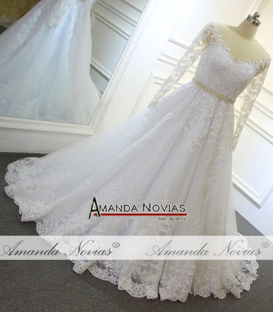 Vestido de noiva; обувь в винтажном стиле, с Длинным Рукавом Кружевная Апликация с поясом, пояс украшен пришивными крупными стразами свадебное платье завод