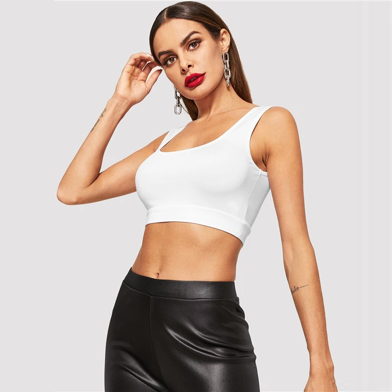 Solid Crop Tank Top, топ для фитнеса с глубоким вырезом, одежда для активного отдыха, обтягивающий спортивный бюстгальтер, летний модный женский топ для тренировок, белый укороченный топ