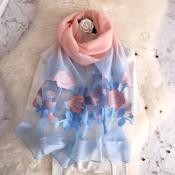 

women spring summer soft gradient ramp color flower embroidery holiday long wrap shawl organza silk scarf