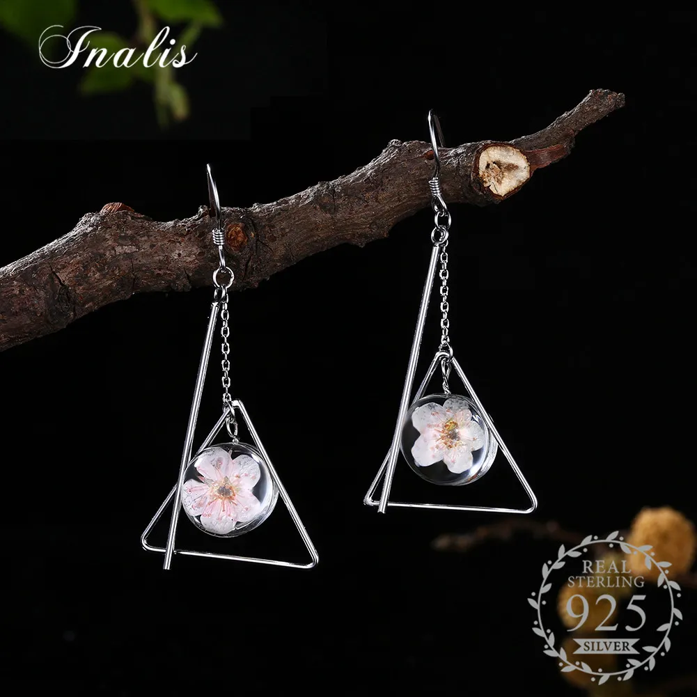 

INALIS Women Girl Jewelry Daisy Flower Drop Dangle Pendant Earrings with Triangle 925 Sterling Silver Pendientes Wedding Sweet