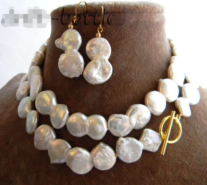 

shipping28'' 16mmx30mm White Double Coin Freshwater Pearl Earring Necklace Net (A0423)