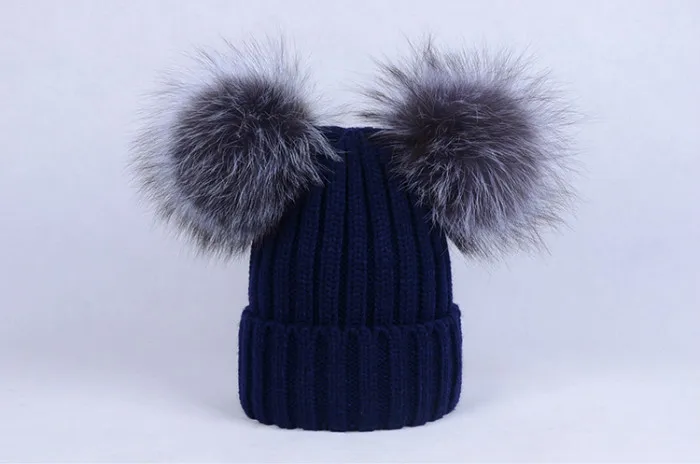 Navy blue NGSG зима съемный меховой pom шапочка cap для подростков мальчиков унисекс милые Лыж Череп ребенка Шапки женские Зимние флисовые вязать шляпа - Цвет: Navy blue